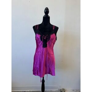Fredericks Of Hollywood Chemise Large Pink Black Lace Satin Lingerie Vintage Y2K